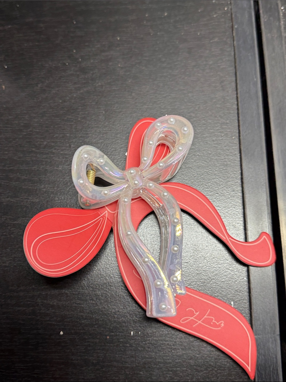 Mud Pie Clear Iridescent Bow Hair Clip with Red Backing